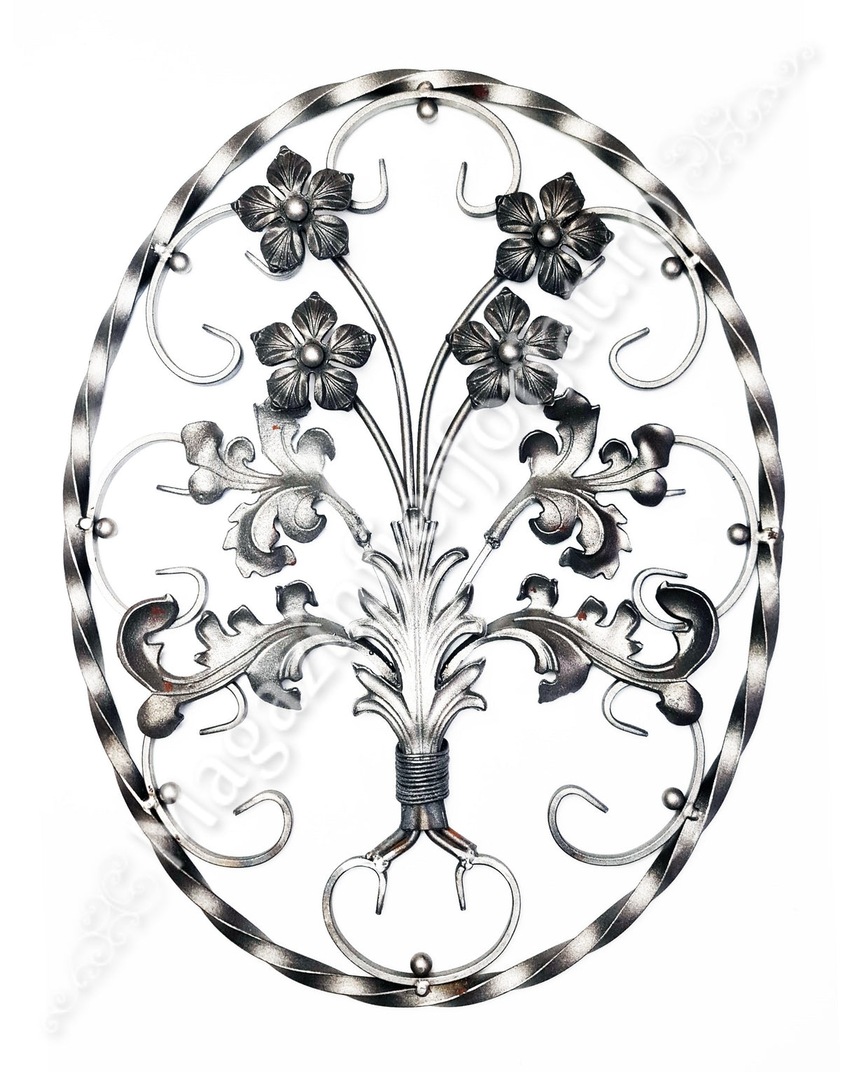 13.099 Panou medalion BUCHET FLORAL OVAL din fier forjat masiv 14x14mm cu frunze si flori turnate 670x520mm