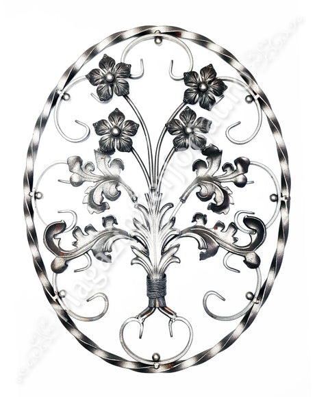 13.099 Panou medalion BUCHET FLORAL OVAL din fier forjat masiv 14x14mm cu frunze si flori turnate 670x520mm