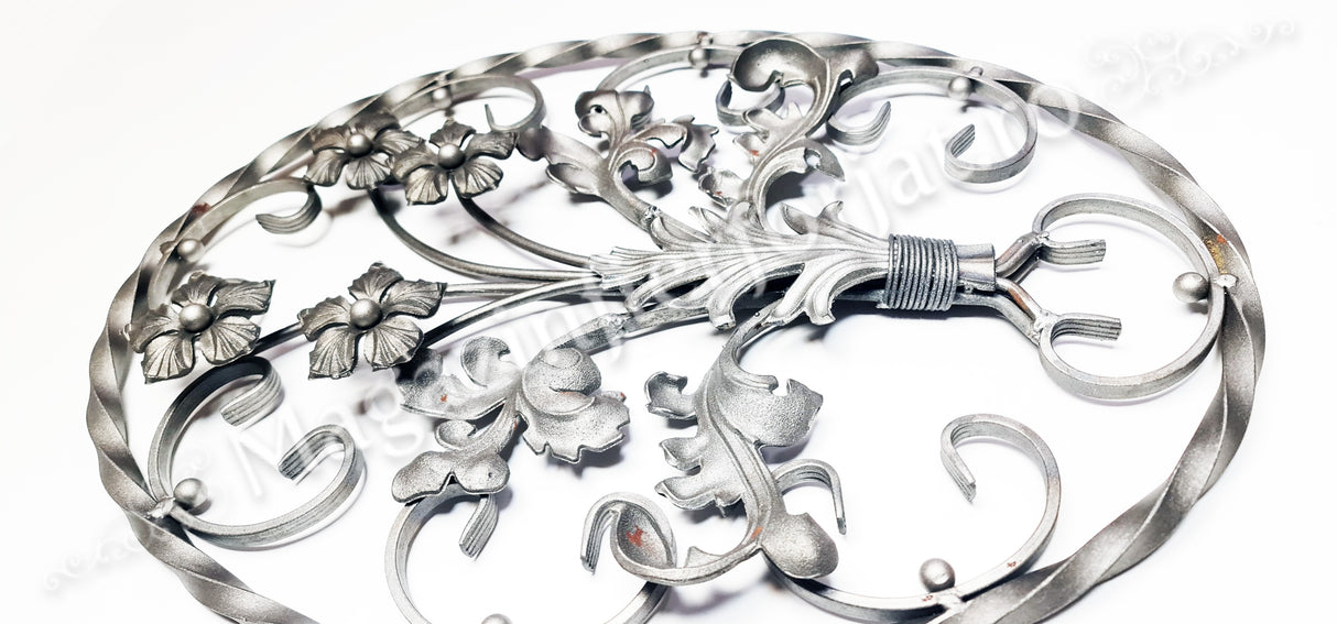 13.099 Panou medalion BUCHET FLORAL OVAL din fier forjat masiv 14x14mm cu frunze si flori turnate 670x520mm