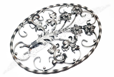 13.099 Panou medalion BUCHET FLORAL OVAL din fier forjat masiv 14x14mm cu frunze si flori turnate 670x520mm