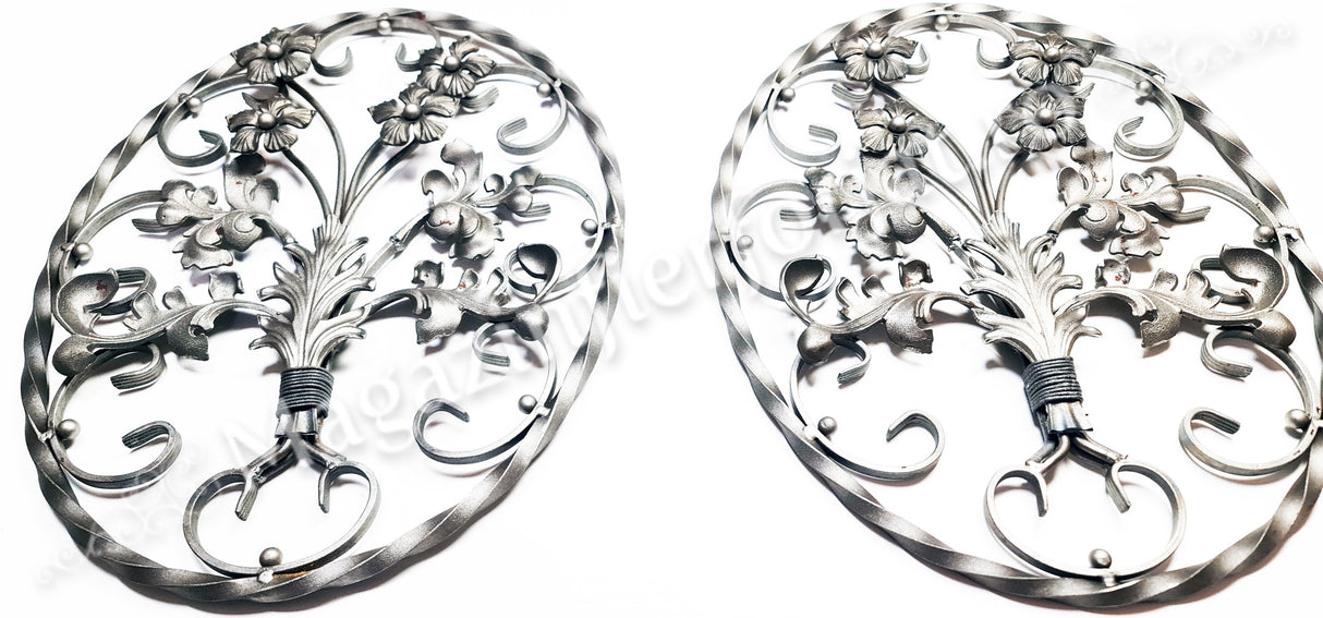 13.099 Panou medalion BUCHET FLORAL OVAL din fier forjat masiv 14x14mm cu frunze si flori turnate 670x520mm