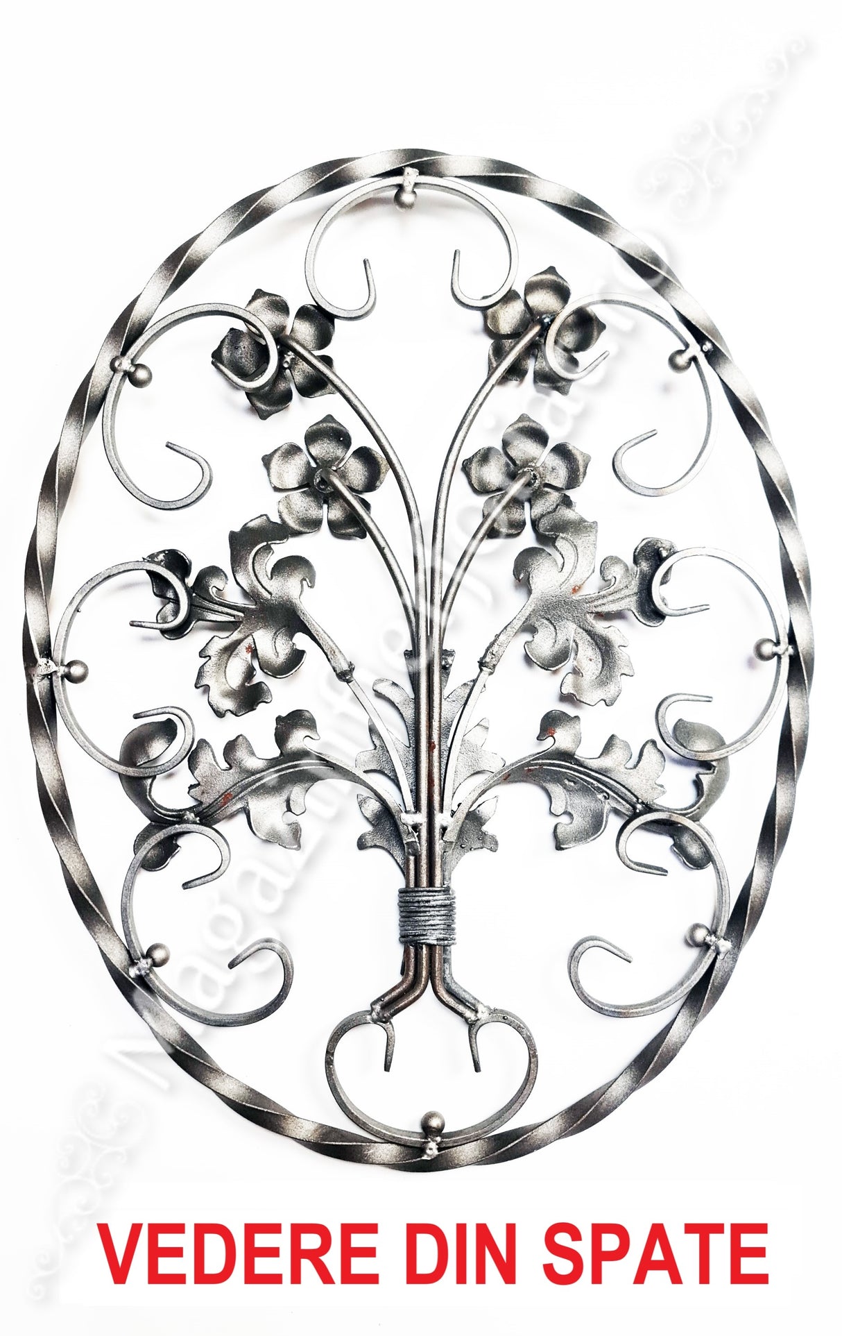 13.099 Panou medalion BUCHET FLORAL OVAL din fier forjat masiv 14x14mm cu frunze si flori turnate 670x520mm