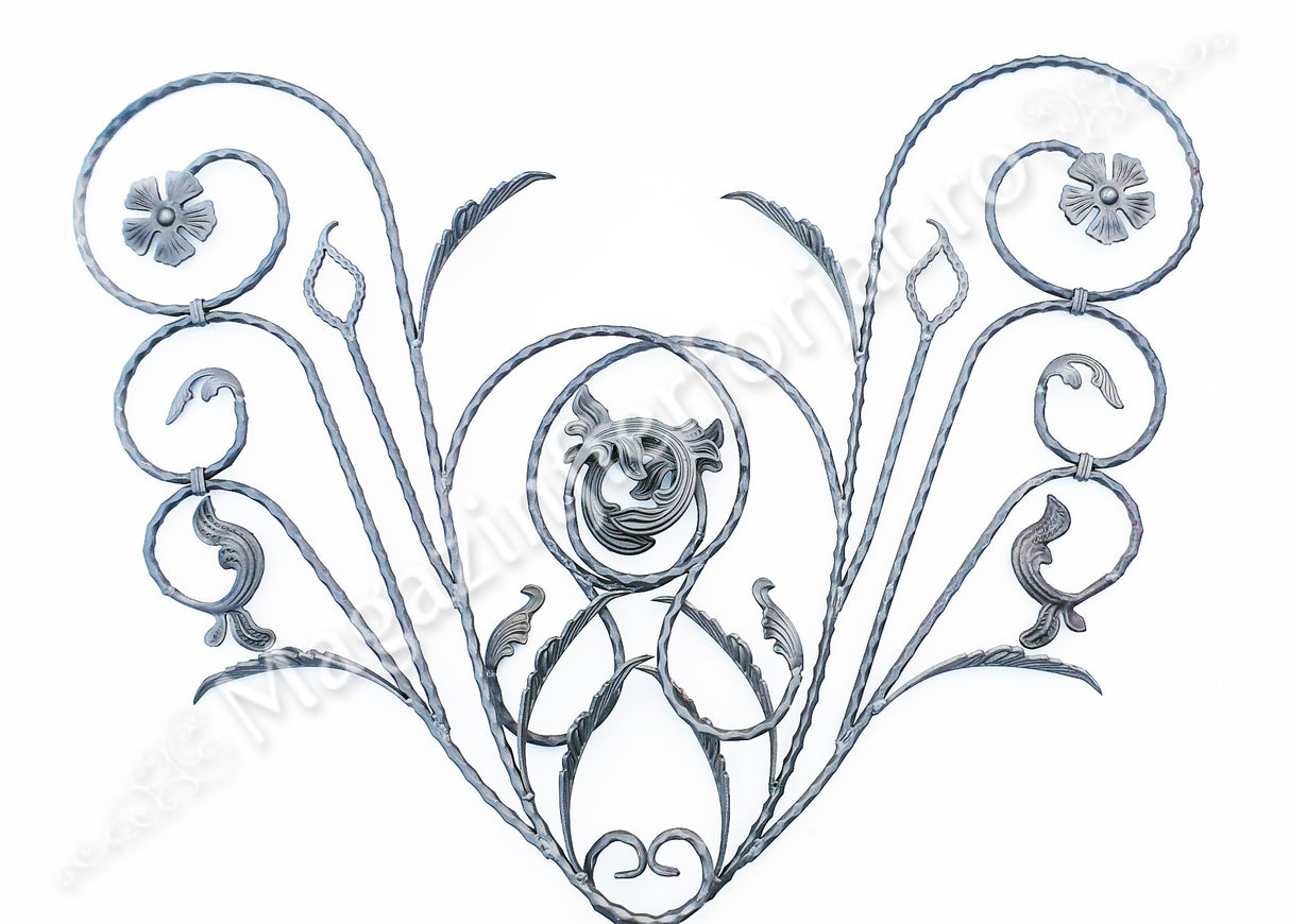 13.100 Panou floral "Paun" din fier forjat cu frunze si flori 1080x600mm D.12mm DR.