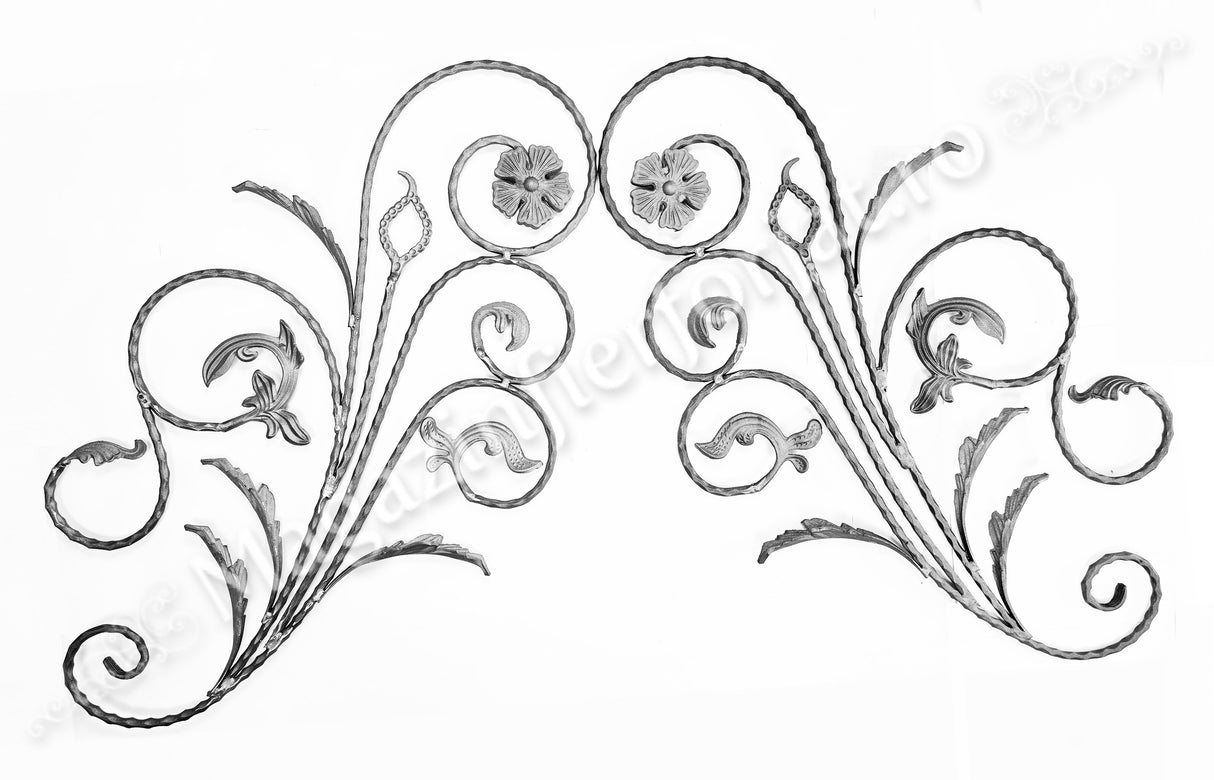 13.100 Panou floral "Paun" din fier forjat cu frunze si flori 1080x600mm D.12mm STANGA