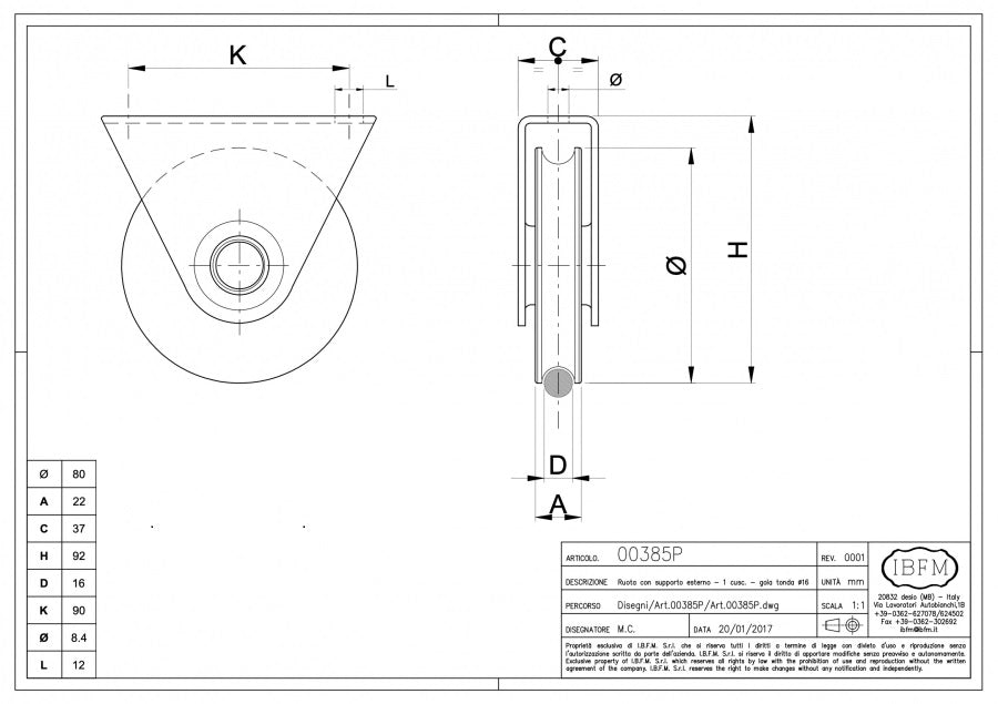 Rola cu suport exterior pentru profil Rotund Ø16mm D.80mm IBFM Italia 400KG greutatea maxima a portii