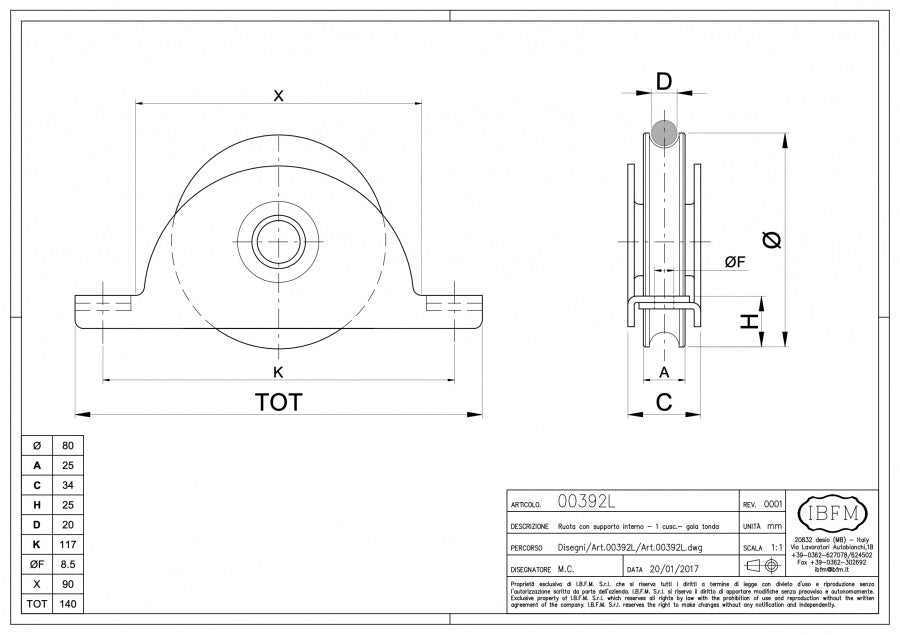 Rola cu suport interior pentru profil Rotund Ø20mm D.80mm IBFM Italia 400KG greutatea maxima a portii