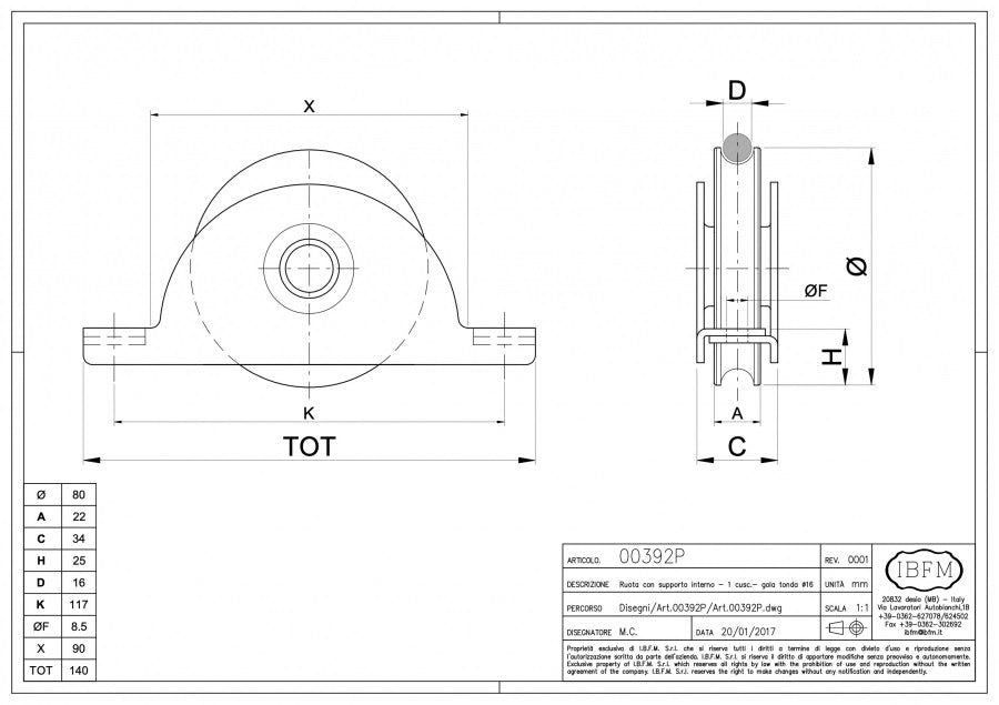Rola cu suport interior pentru profil Rotund Ø16mm D.80mm IBFM Italia 400KG greutatea maxima a portii