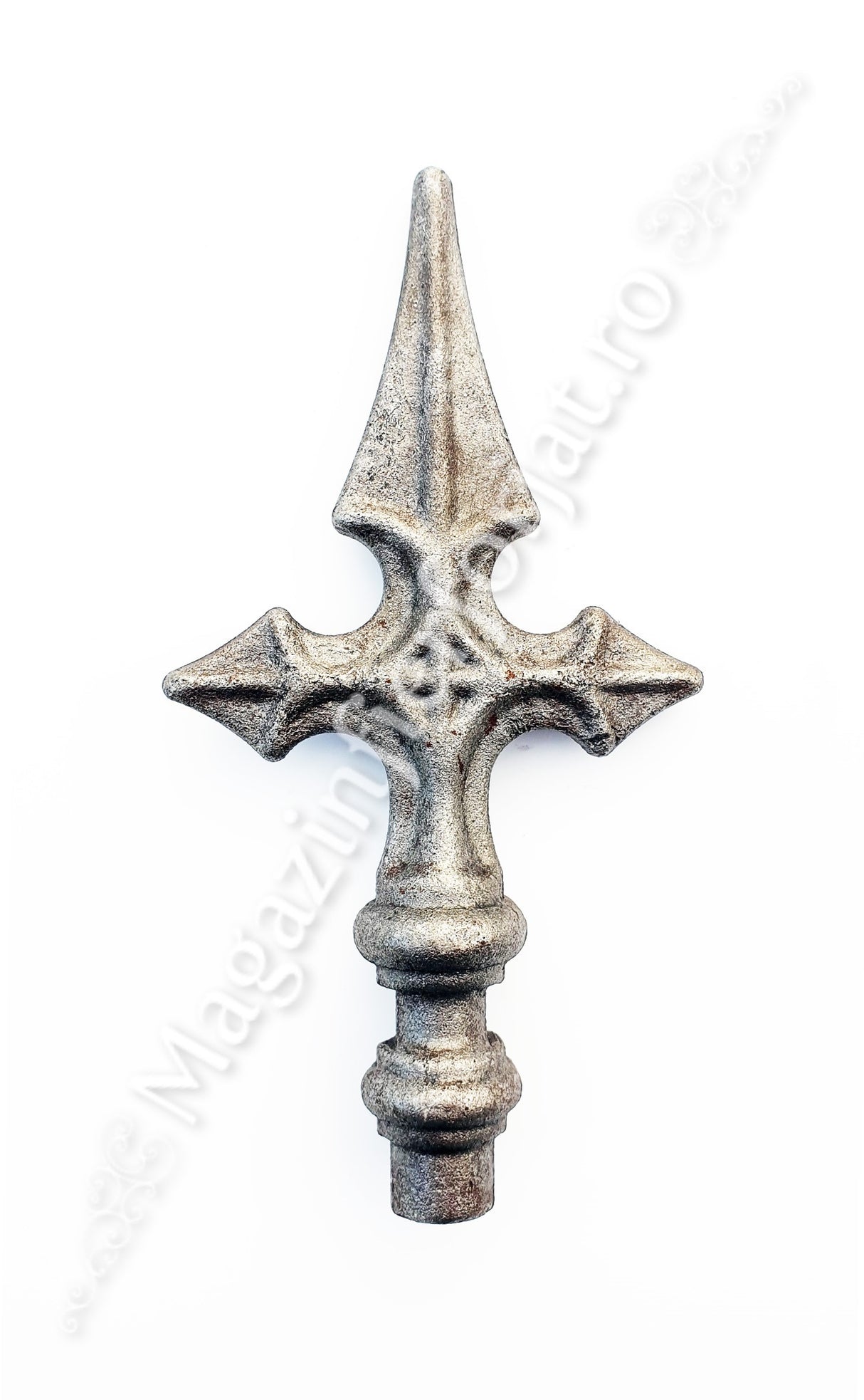 40.100 Varf CRUCE cu basorelief turnat din otel H.160mm L.90mm cu baza rotunda D.16mm