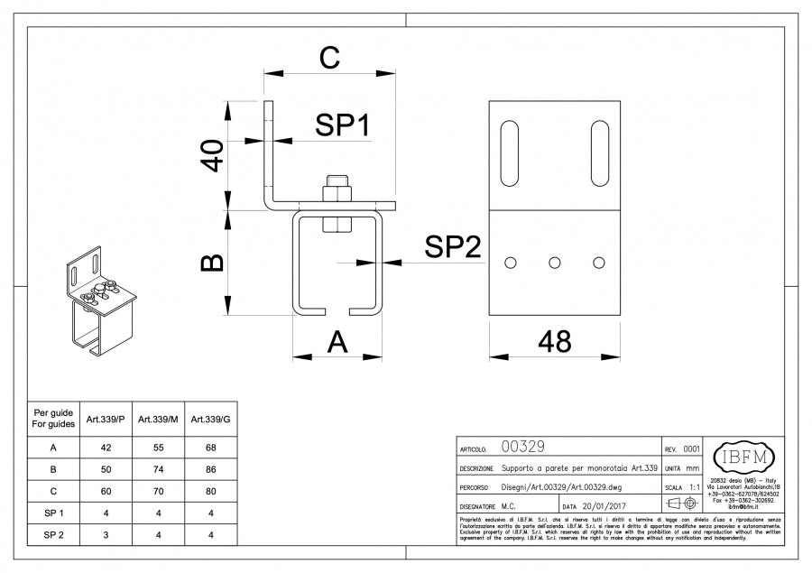 Suport prindere pe perete pentru SINA DE USA / POARTA CULISANTA SUSPENDATA de la IBFM Italia in 3 variante de marime