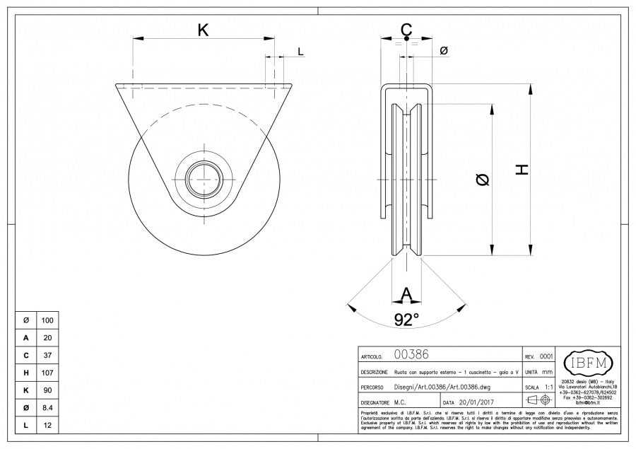 Rola cu suport exterior pentru profil "V" D.100mm IBFM Italia 440KG greutatea maxima a portii