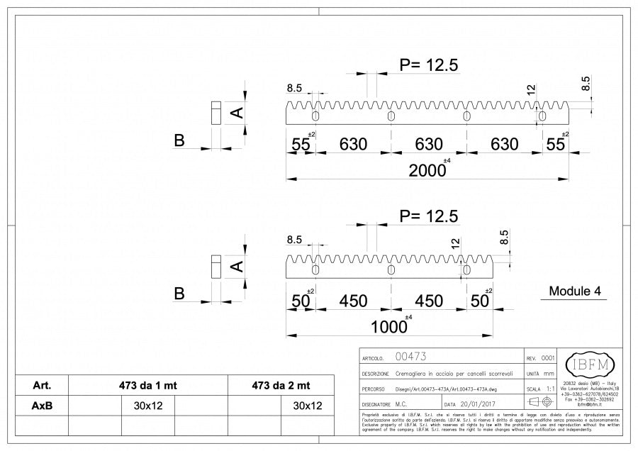 Cremaliera din otel zincata 30x12mm disponibila in 2 lungimi 1ML / 2ML cu suruburi si distantiere incluse IBFM Italia