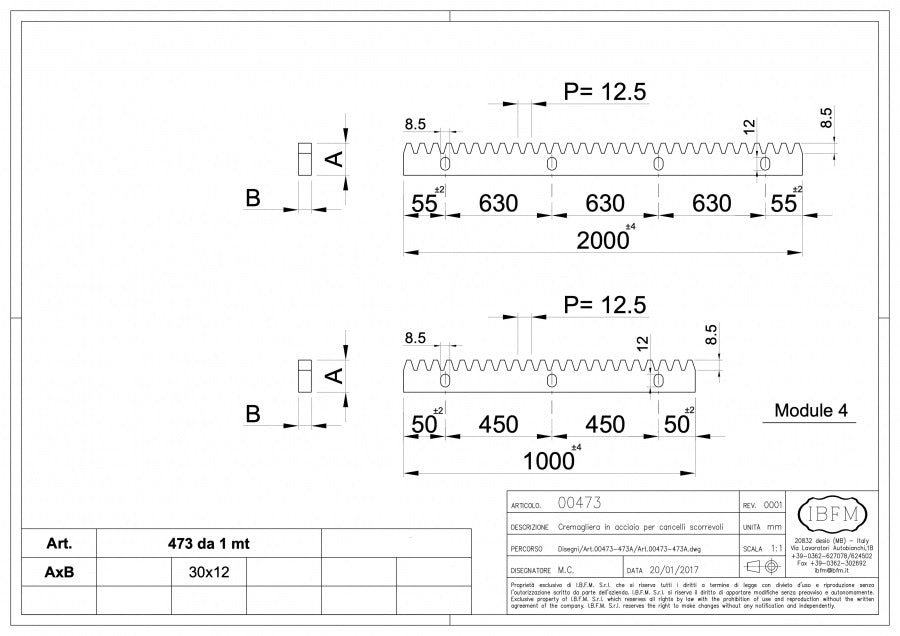 Cremaliera din otel zincata 30x12mm la 1 ML cu suruburi si distantiere incluse, de la IBFM Italia