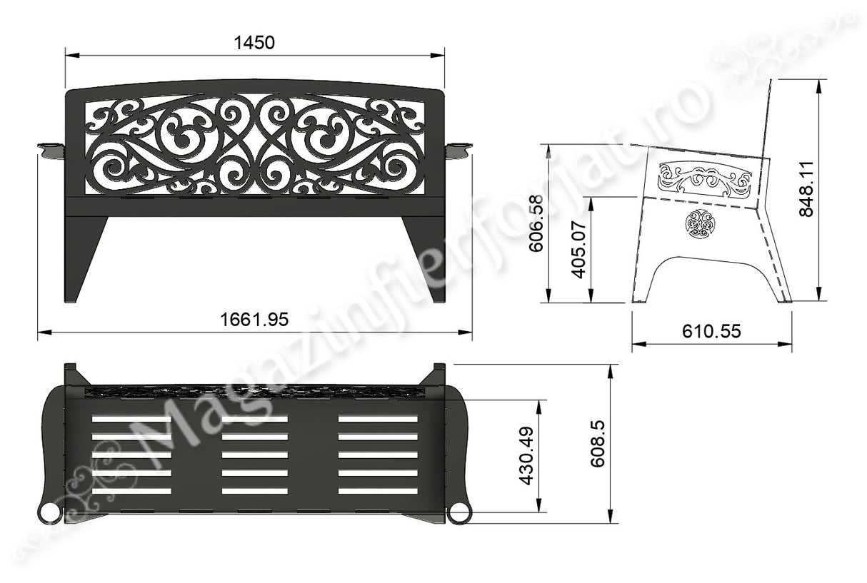 UNV94.18 BANCA de gradina cu lungimea șezutului de 1450mm din tabla debitata laser de 4mm sau 3mm NEVOPSITA
