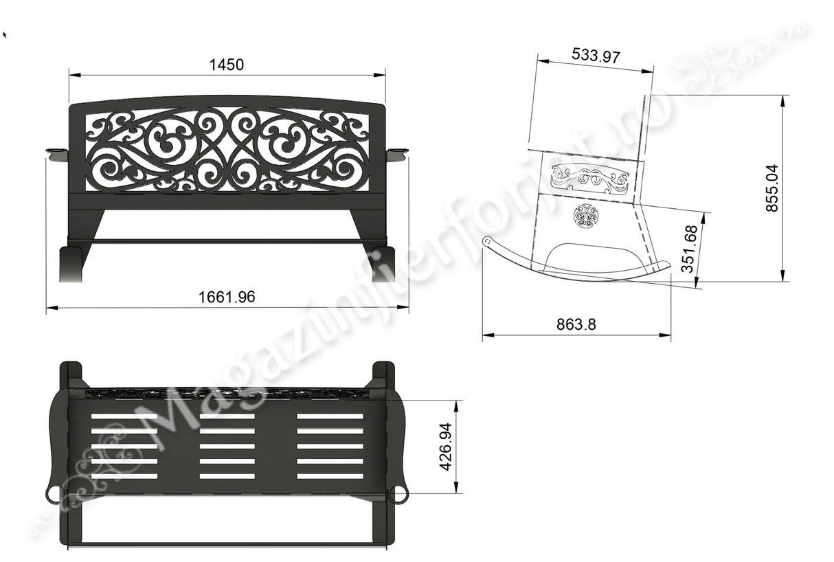 UNV94.19 BANCA BALANSOAR de gradina cu lungimea șezutului de 1450mm din tabla debitata laser de 4mm sau 3mm NEVOPSITA