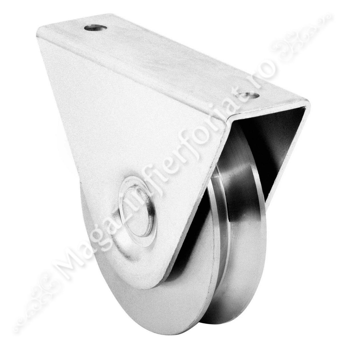 Rola cu suport exterior pentru profil "V" D.100mm din otel zincat pentru 300KG greutatea maxima distribuita pe rola