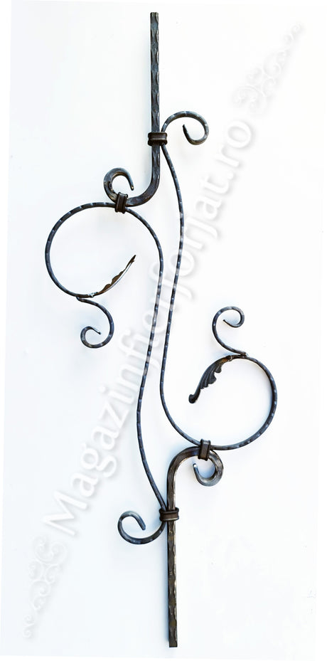 UNV70.12.1 Balustru din fier forjat forma de S cu frunze "LEBADA" din 12x12mm/12x5mm amprentat H.900mm L.315mm