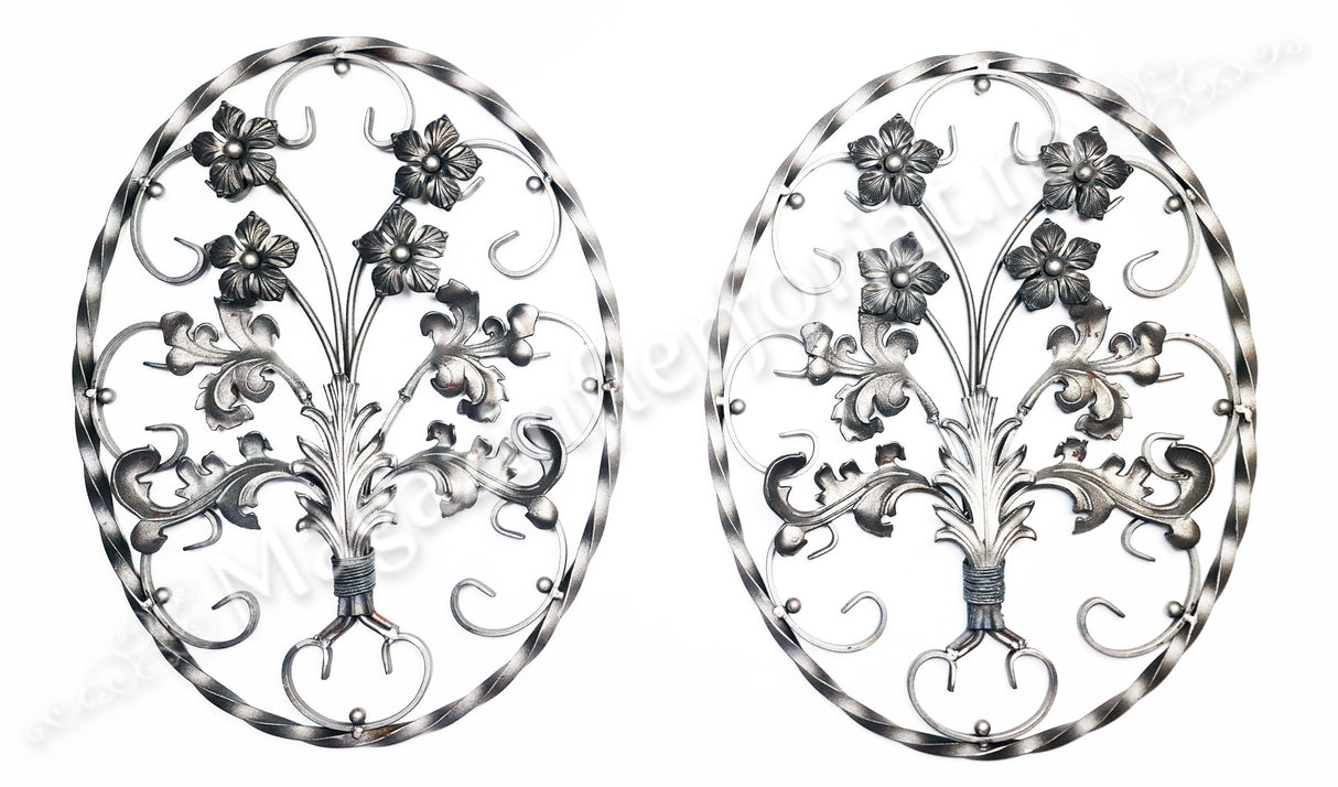 13.099 Panou medalion BUCHET FLORAL OVAL din fier forjat masiv 14x14mm cu frunze si flori turnate 670x520mm 