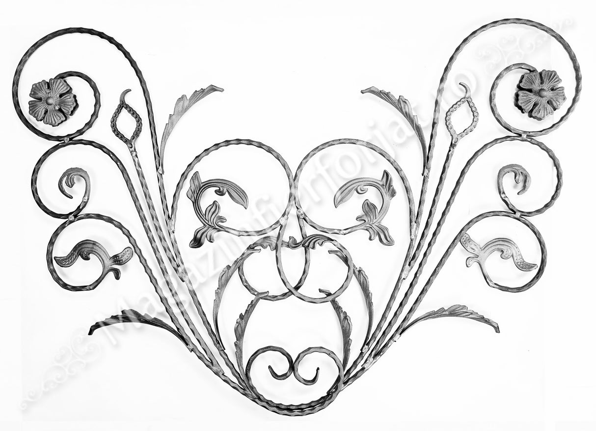 13.100 Panou floral "Paun" din fier forjat cu frunze si flori 1080x600mm D.12mm STANGA