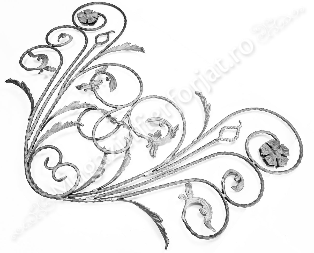 13.100 Panou floral "Paun" din fier forjat cu frunze si flori 1080x600mm D.12mm STANGA