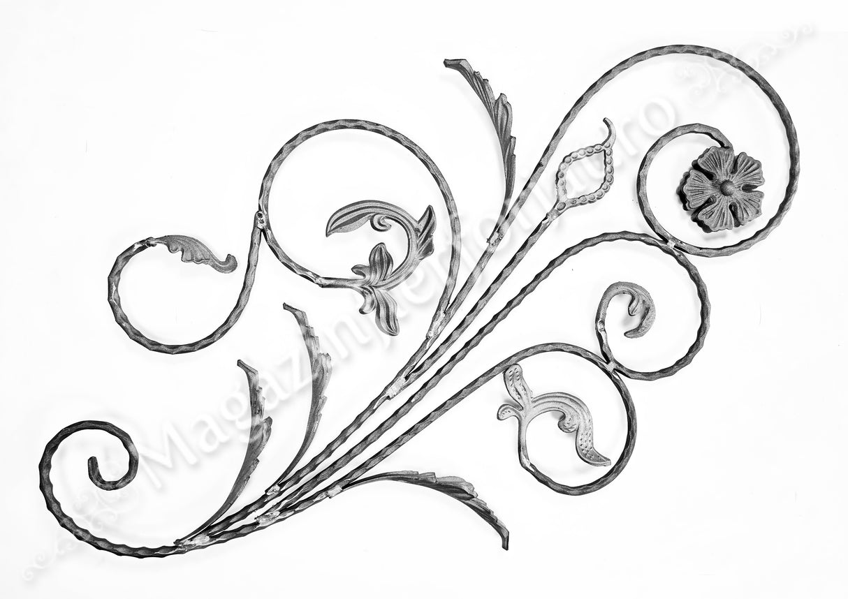 13.100 Panou floral "Paun" din fier forjat cu frunze si flori 1080x600mm D.12mm STANGA