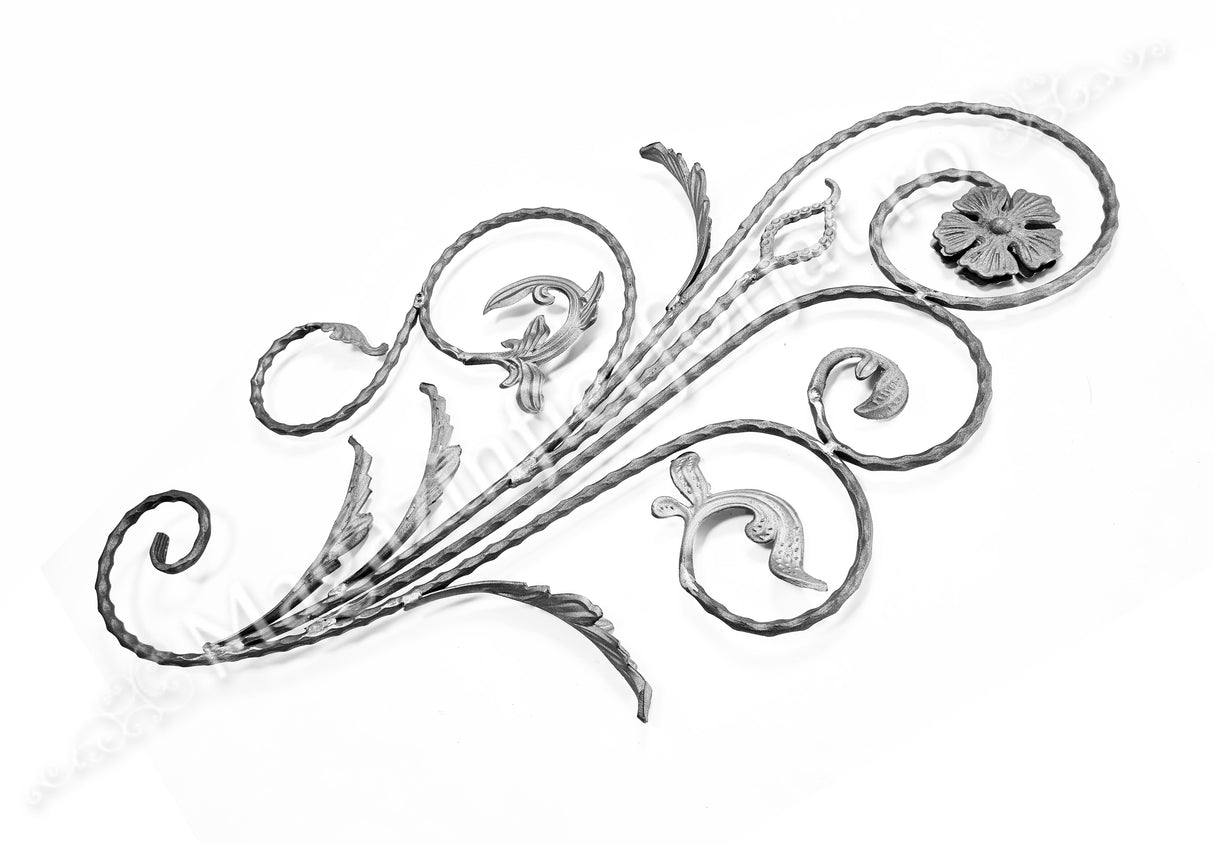13.100 Panou floral "Paun" din fier forjat cu frunze si flori 1080x600mm D.12mm STANGA