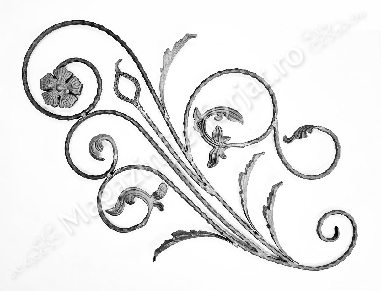 13.101 Panou floral "Paun" din fier forjat cu frunze si flori 1080x600mm D.12mm DREAPTA