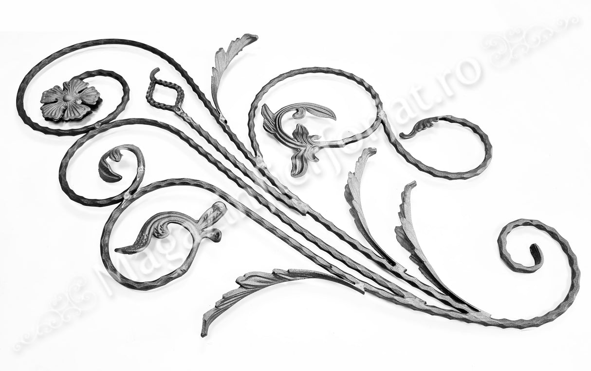 13.101 Panou floral "Paun" din fier forjat cu frunze si flori 1080x600mm D.12mm DREAPTA
