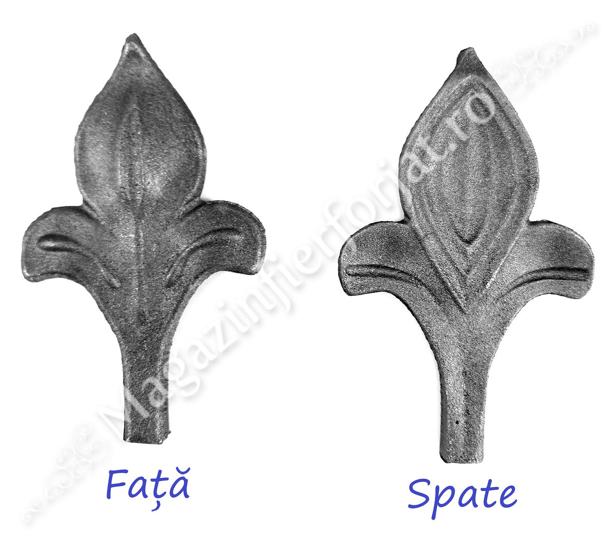 52.140.01 Frunza - Varf model CRIN turnata din OTEL cu H.130mm x L.80mm si baza 12x12mm