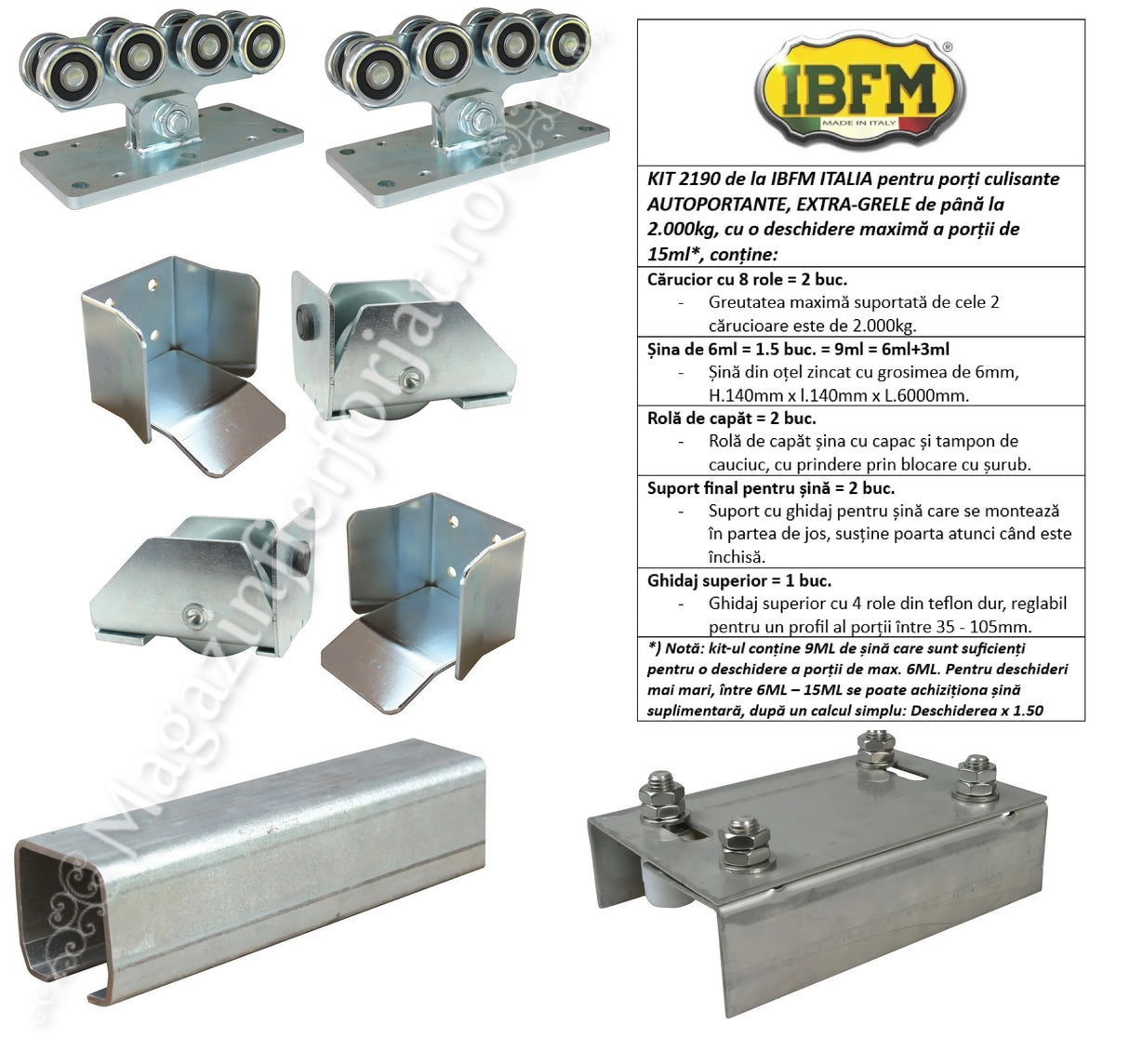 KIT poarta culisanta AUTOPORTANTA 2190 IBFM ITALIA, 2.000KG greutatea maxima a portii si o deschidere de maxim 15ML