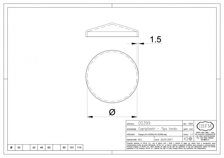 Capac din tabla pentru teava ROTUNDA disponibil in 7 dimensiuni: D.30mm / D.42mm  / D.48mm  / D.60mm  / D.90mm / D.101mm  / D.114mm IBFM Italia