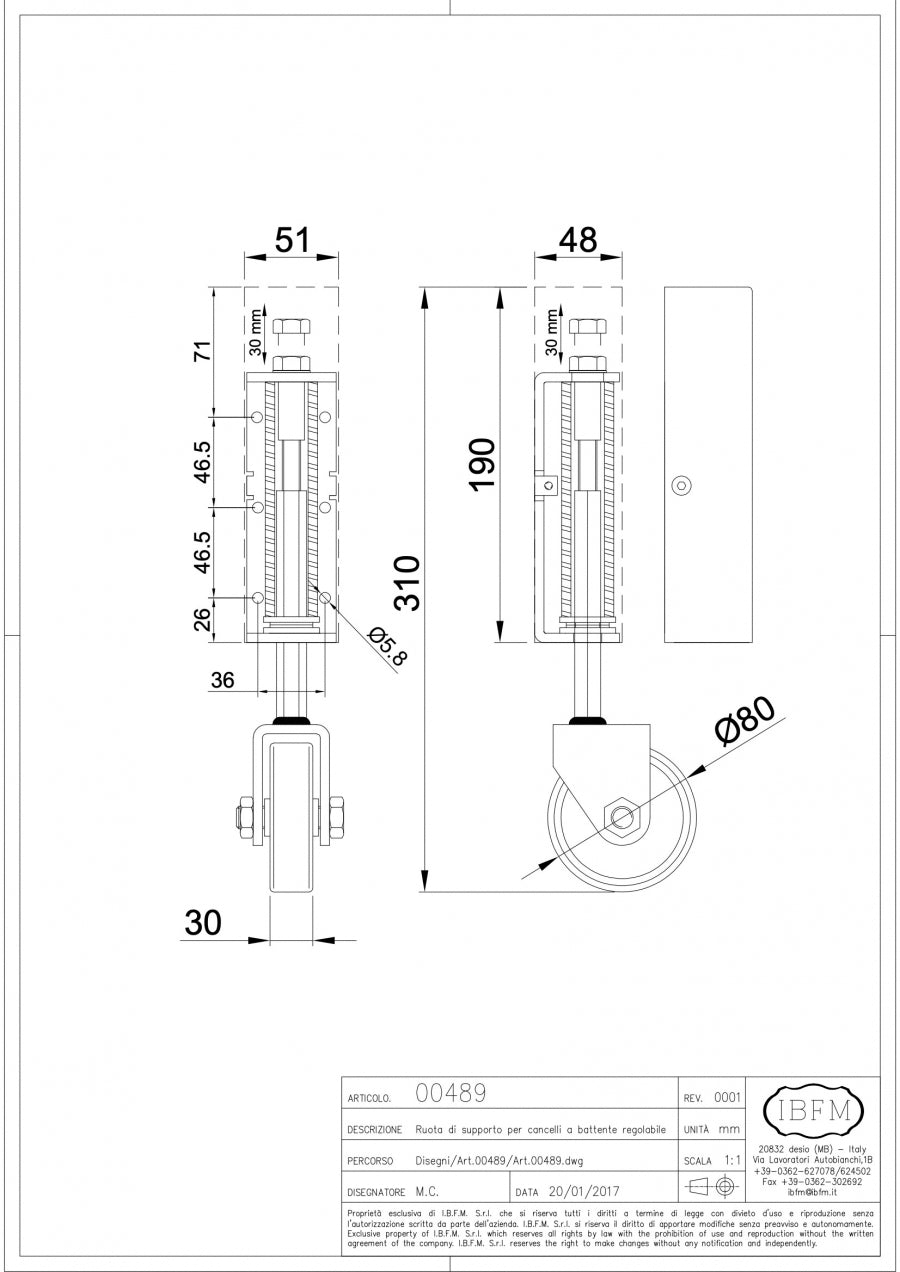 Roata Telescopica IBFM cu amortizor, H.310mm, reglabila 30mm, D.80mm pentru porti sau usi metalice de pana la 170Kg