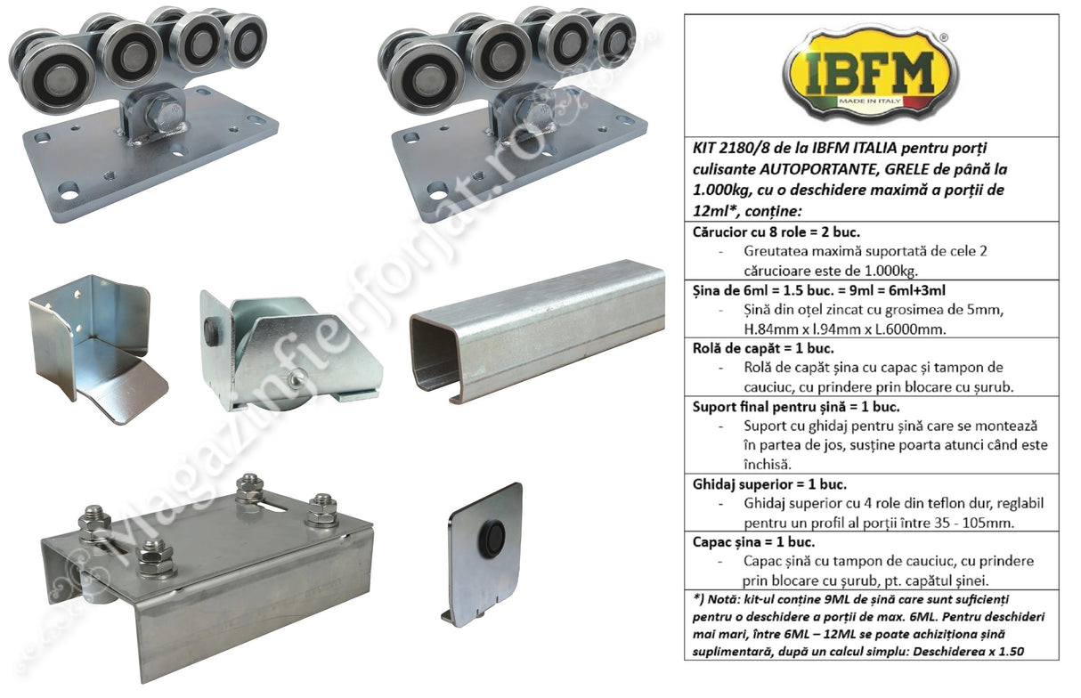 KIT poarta culisanta AUTOPORTANTA 2180/8 IBFM ITALIA, 1.000KG greutatea maxima a portii si o deschidere de maxim 12ML