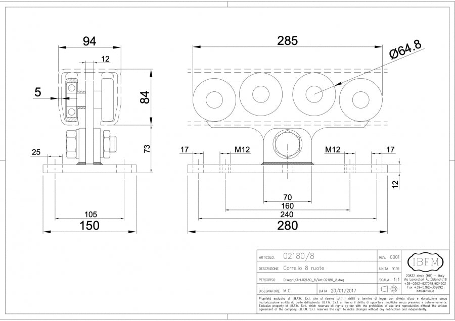 KIT poarta culisanta AUTOPORTANTA 2180/8 IBFM ITALIA, 1.000KG greutatea maxima a portii si o deschidere de maxim 12ML