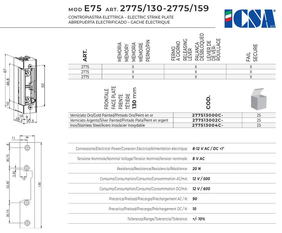 Contraplaca electrica ICSA 2775 electromagnetica H.130mm