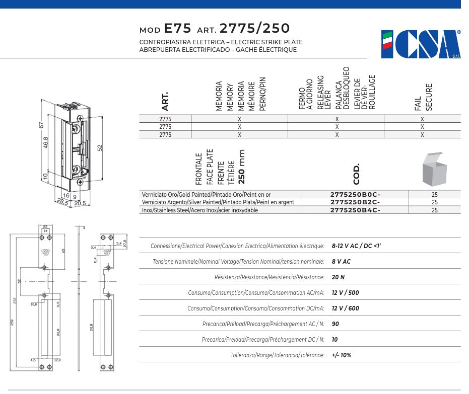 Contraplaca electrica ICSA 2775 electromagnetica H.250mm