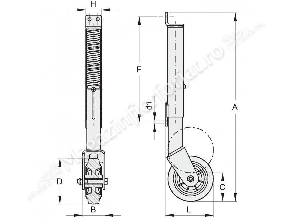 Roata Telescopica FAC cu amortizor H.351mm->414mm cu D.100mm pentru porti sau usi metalice de pana la 80Kg