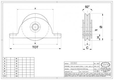 Rola cu suport interior pentru profil "V" D.80mm IBFM Italia 250KG greutatea maxima a portii