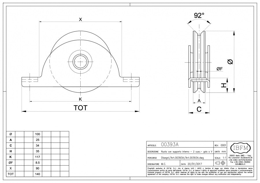 Rola cu suport interior pentru profil "V" D.100mm IBFM Italia 500KG greutatea maxima a portii