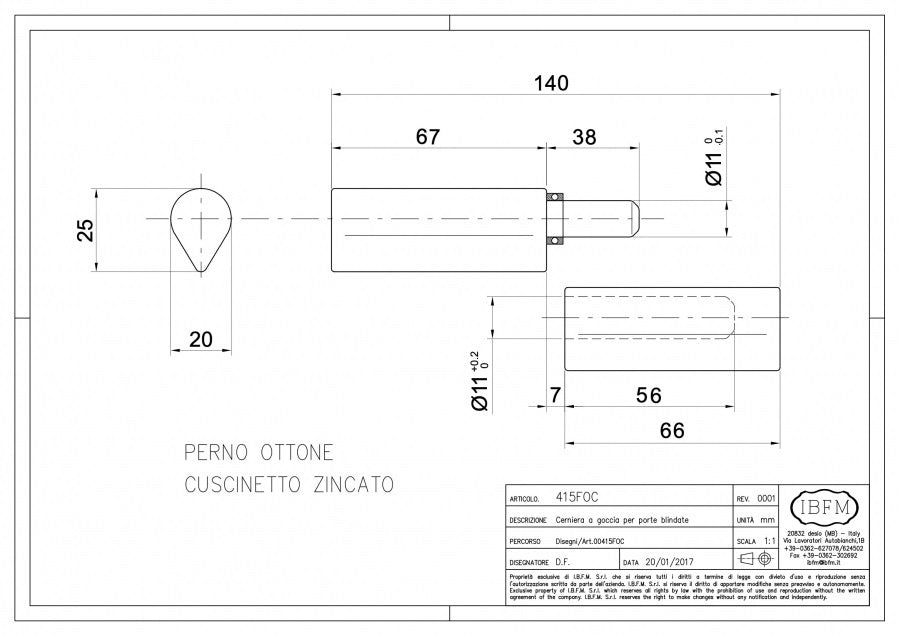 Balama cu forma de LACRIMA cu frecare pe RULMENT D.20mm H.140mm IBFM ITALIA