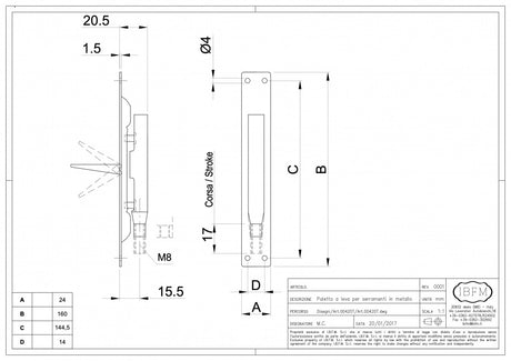 Zavor ingropat de cant H.160mm cu inchidere pe tija filetata M8, pentru usi metalice, gratii, geamuri, IBFM Italia