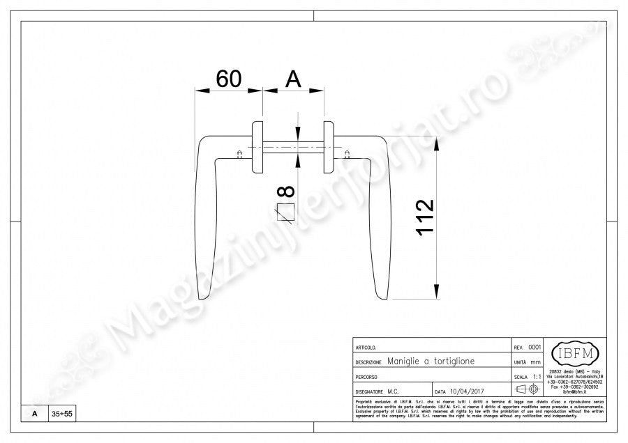 Set manere de poarta pietonala model RUSTIC - TORSIONAT, reglabile pentru profil intre 35-55mm, din aluminiu, IBFM Italia