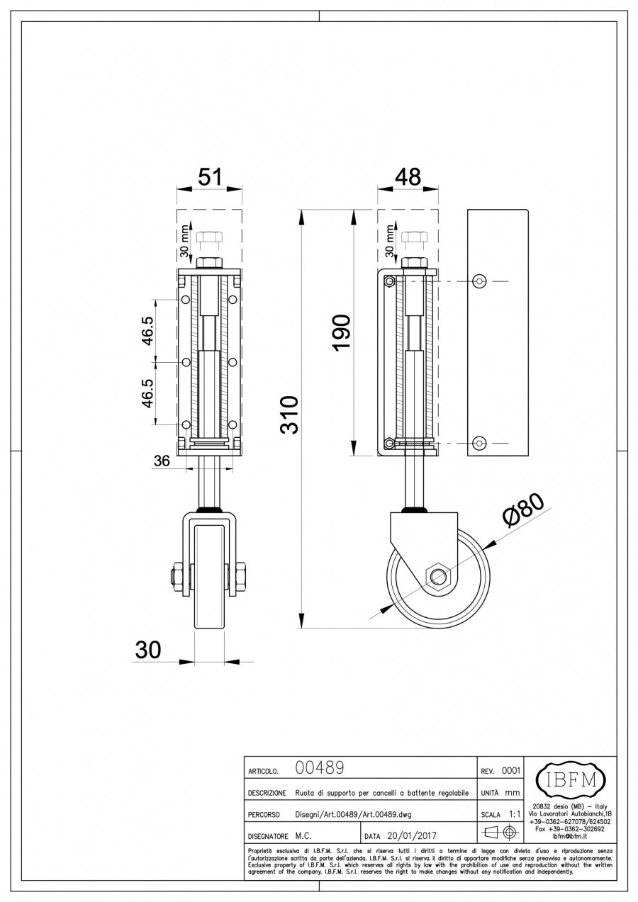 Roata Telescopica IBFM cu amortizor, H.310mm, reglabila 30mm, D.80mm pentru porti sau usi metalice de pana la 170Kg