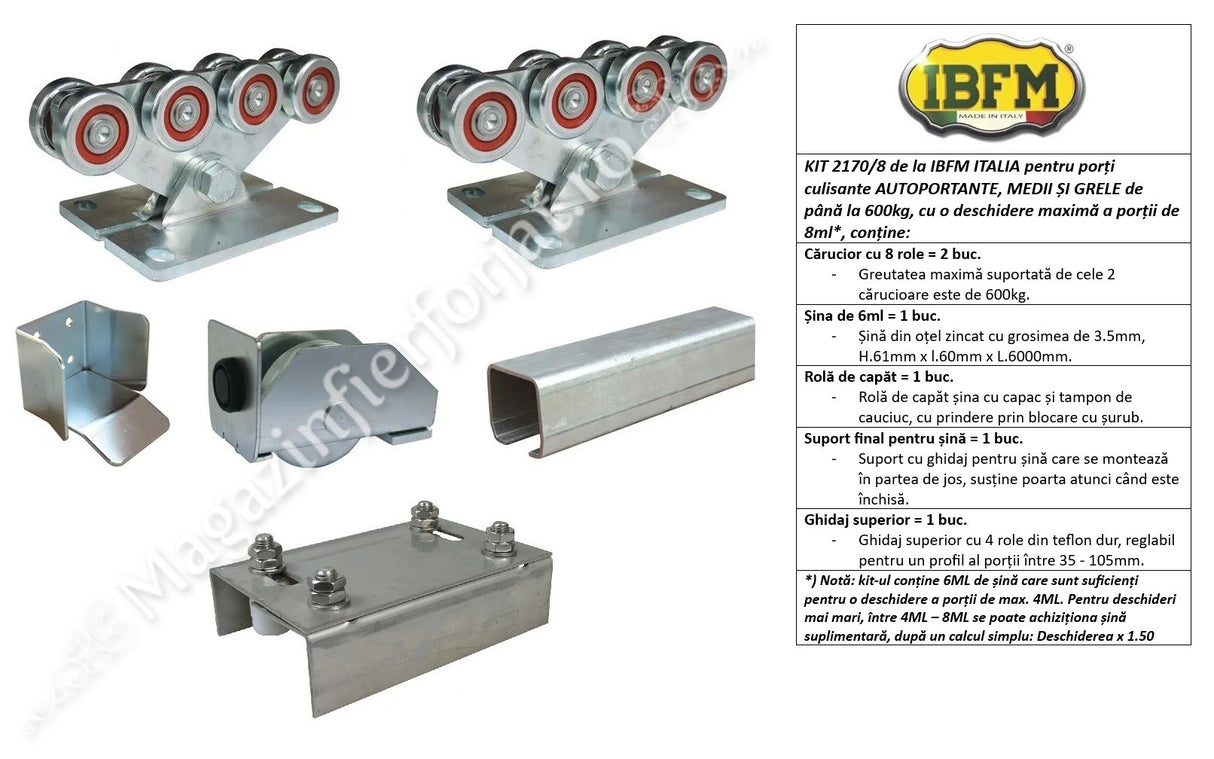 KIT poarta culisanta AUTOPORTANTA 2170/8 IBFM ITALIA, 600KG greutatea maxima a portii si o deschidere de maxim 8ML