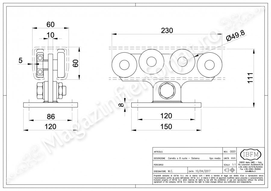 KIT poarta culisanta AUTOPORTANTA 2170/8 IBFM ITALIA, 600KG greutatea maxima a portii si o deschidere de maxim 8ML