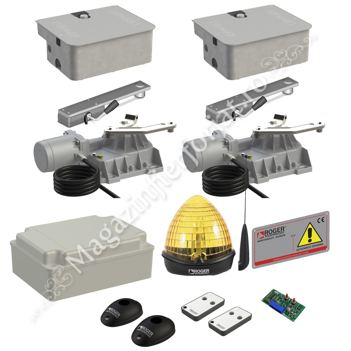 KIT automatizare poarta batanta Roger Technology Kit R21/353, 800Kg, 3.5ML/canat, 230Vac, casetat cu montaj in ascuns in pardoseala