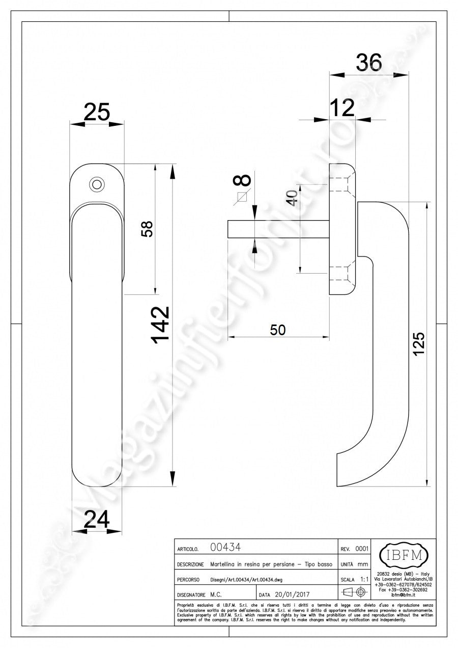 Maner singular pentru GRATII sau PERSIANE, din plastic dur de culoare neagra, include ornament butuc, IBFM Italia